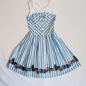 Reneevon Unique Designer Dress, 1950s Style, Blue & White Striped, Front Bow